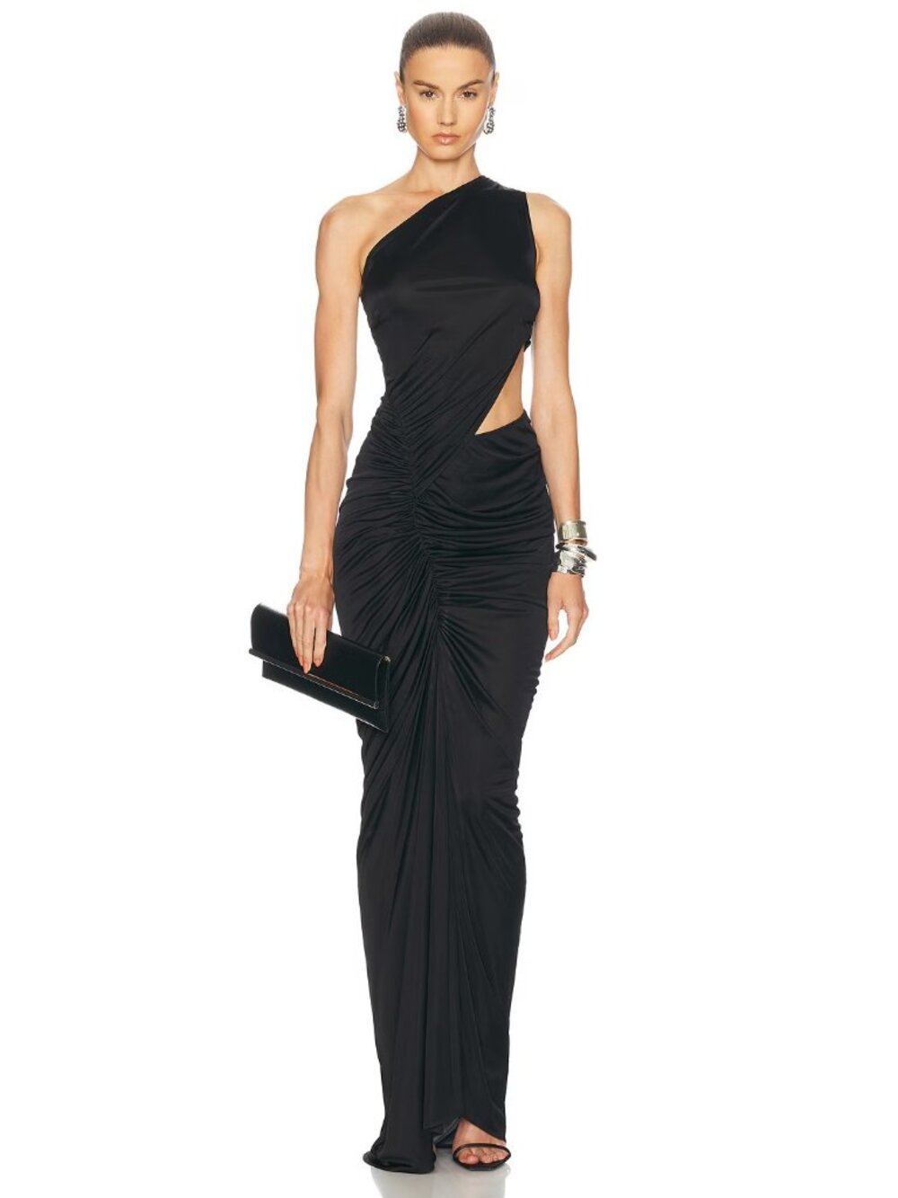 Atlein One Shoulder Ruched Cut Out Gown in Black